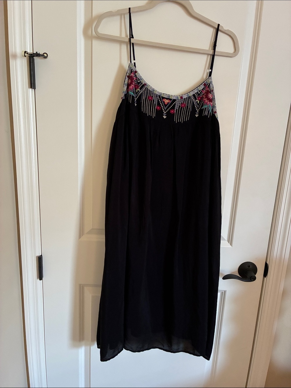 Johnny Was Black Maxi Slip Dress - Pink and Green Embroidery